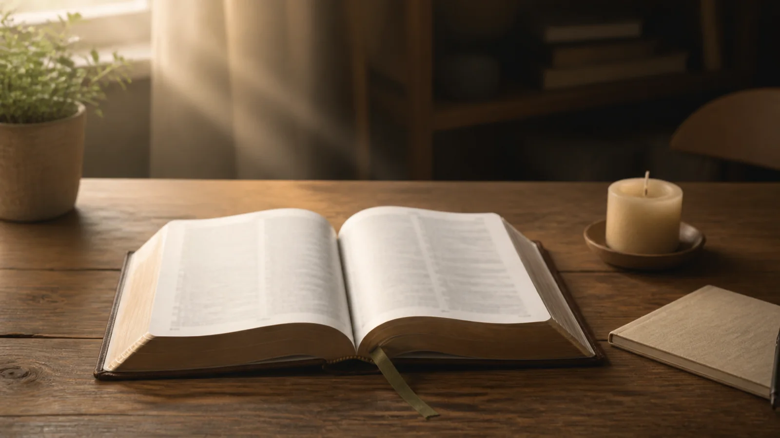 Une Bible ouverte dans un cadre paisible préparé pour la lecture priante
