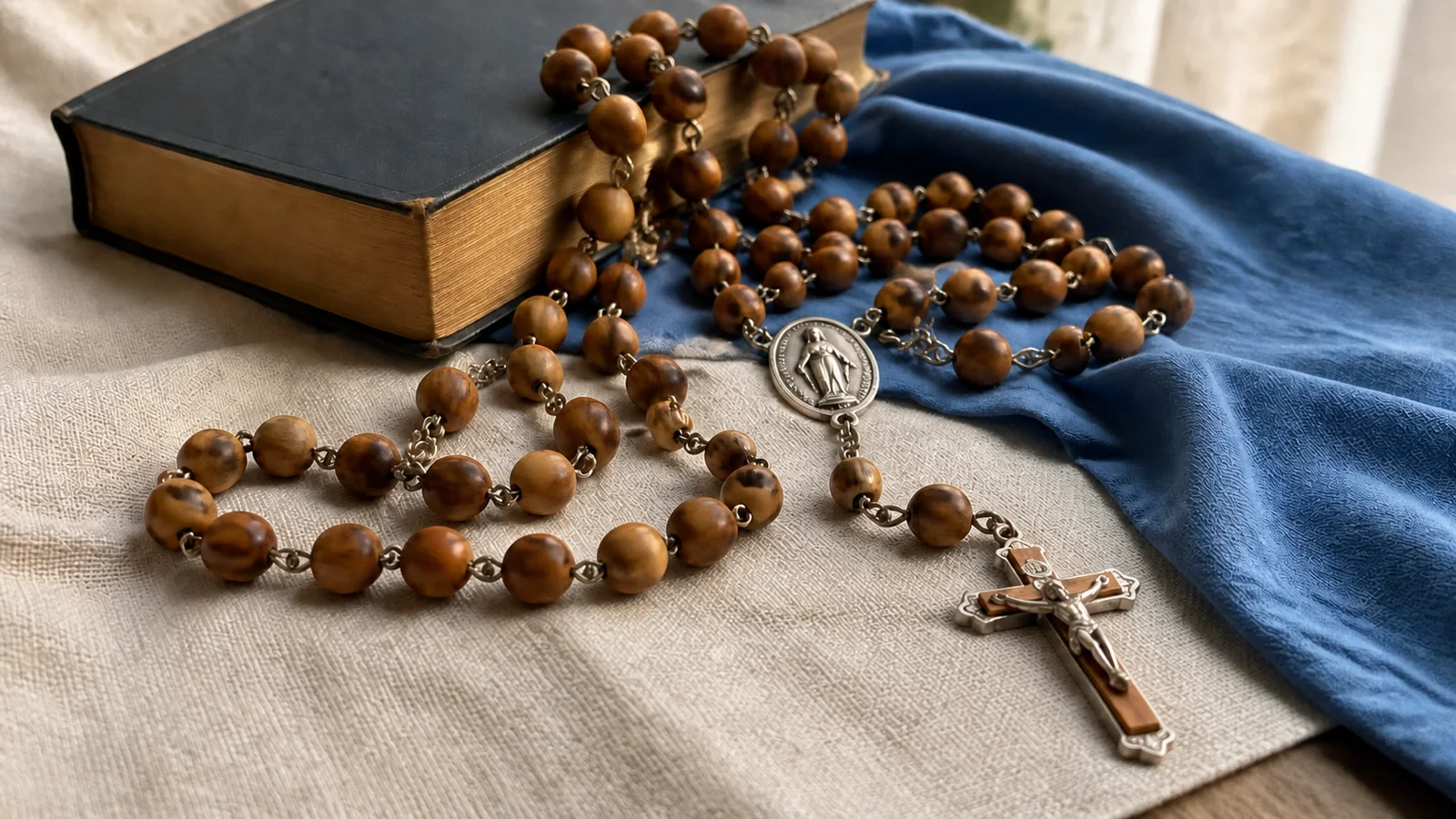Un rosaire près d’une Bible et d’un tissu bleu dans une chaude lumière de prière